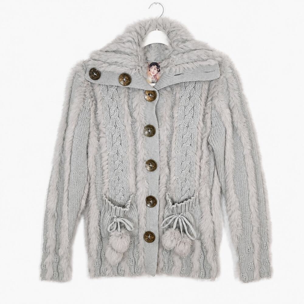 Vintage Y2K Funky East Rabbit Fur Cable Knit Cardigan Sweater L Grey RARE